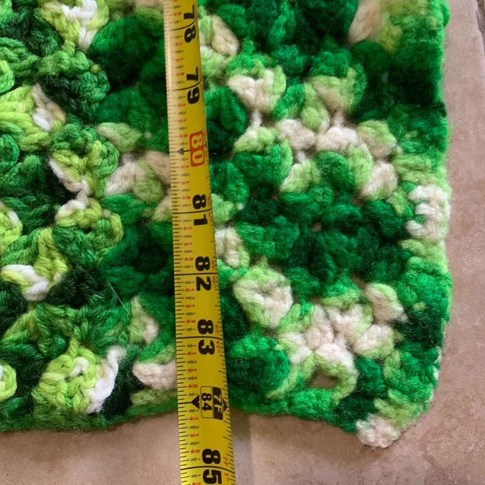 Handmade Crochet Afghan Throw 84x49 Shades Of Green White Textured Squares